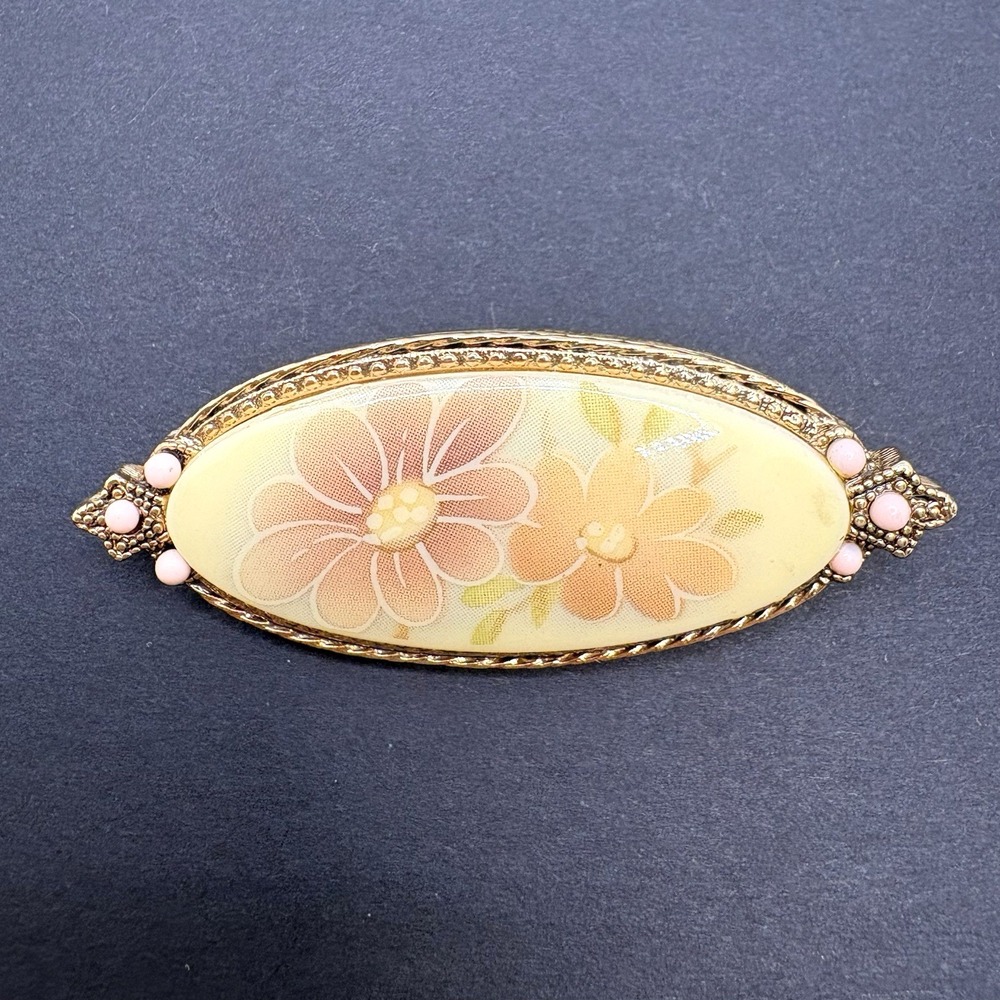 Vintage 1928 Brand Floral Enamel Oval Brooch Pastel Gold Tone 2" Feminine Retro
